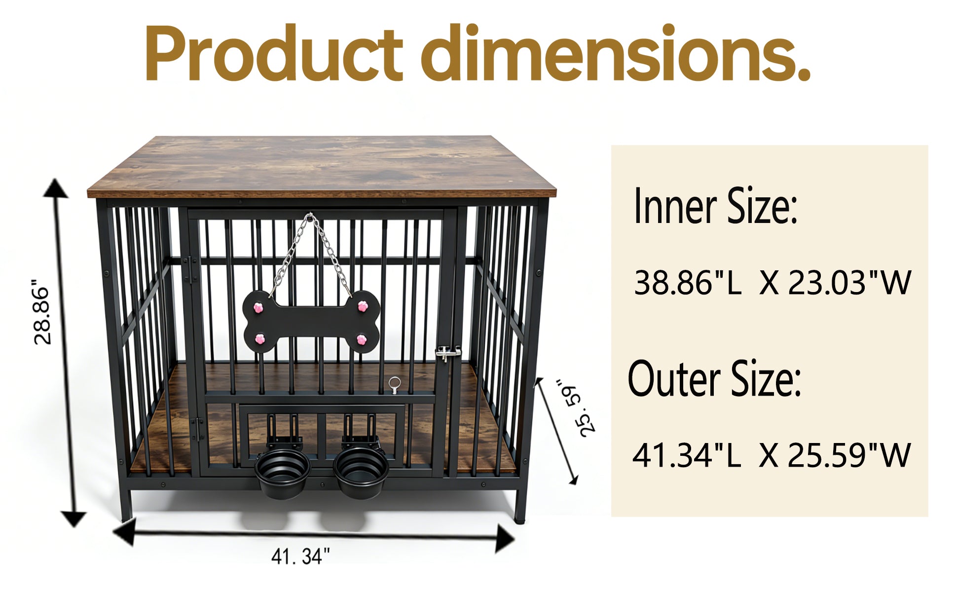 Vintage Wood Grain Dog Cage with 360 Degree Rotating Bowl