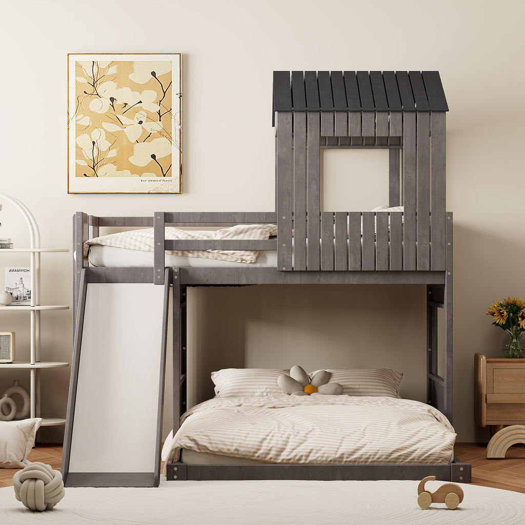 Wooden Twin Over Full Bunk Bed with Playhouse