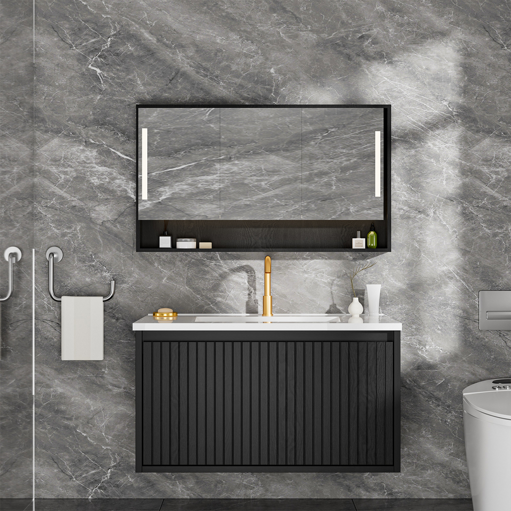 30-Inch Wall-Mounted Bathroom Vanity Cabinet with Ceramic Sink, Black
