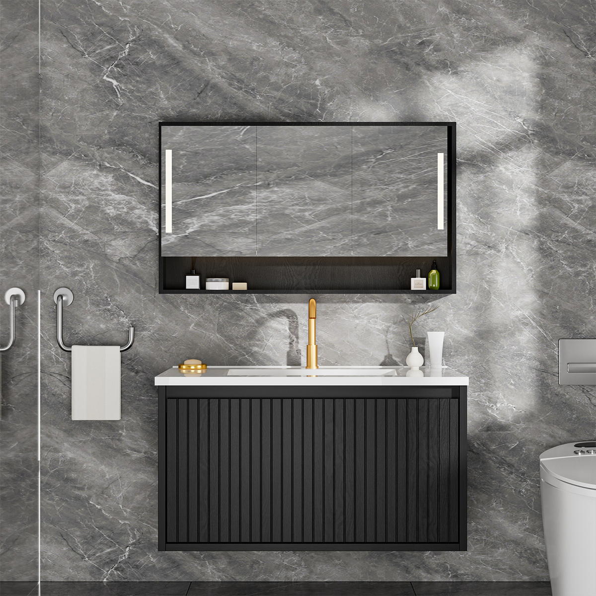 30-Inch Wall-Mounted Bathroom Vanity Cabinet with Ceramic Sink, Black