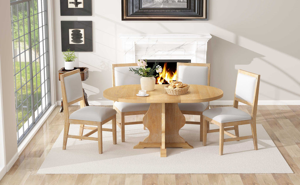 TREXM Farmhouse 5-Piece Dining Table Set with 4 Upholstered Chairs