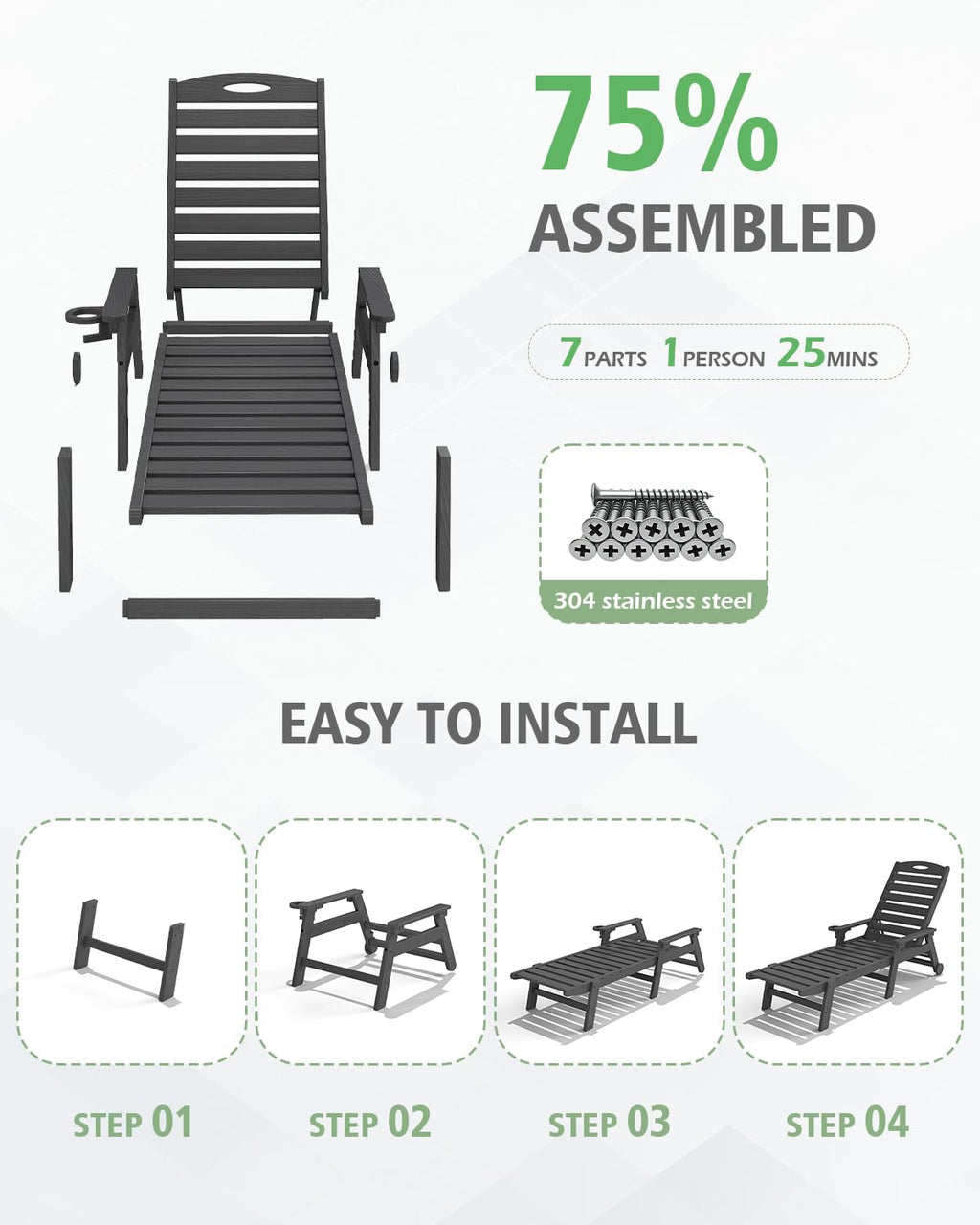 Patio Lounge Chair Outdoor, HDPE Chaise Lounge