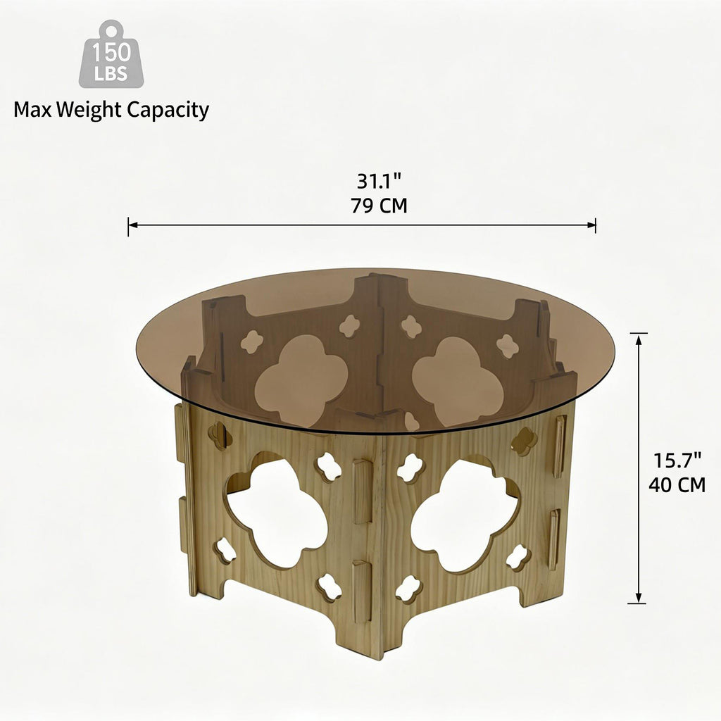 31.1-Inch Round Tempered Glass Coffee Table, Natural Wood and Caramel