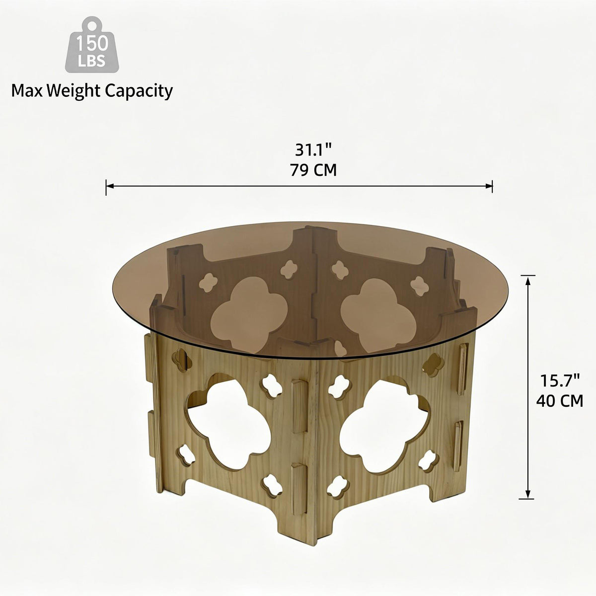 31.1-Inch Round Tempered Glass Coffee Table, Natural Wood and Caramel