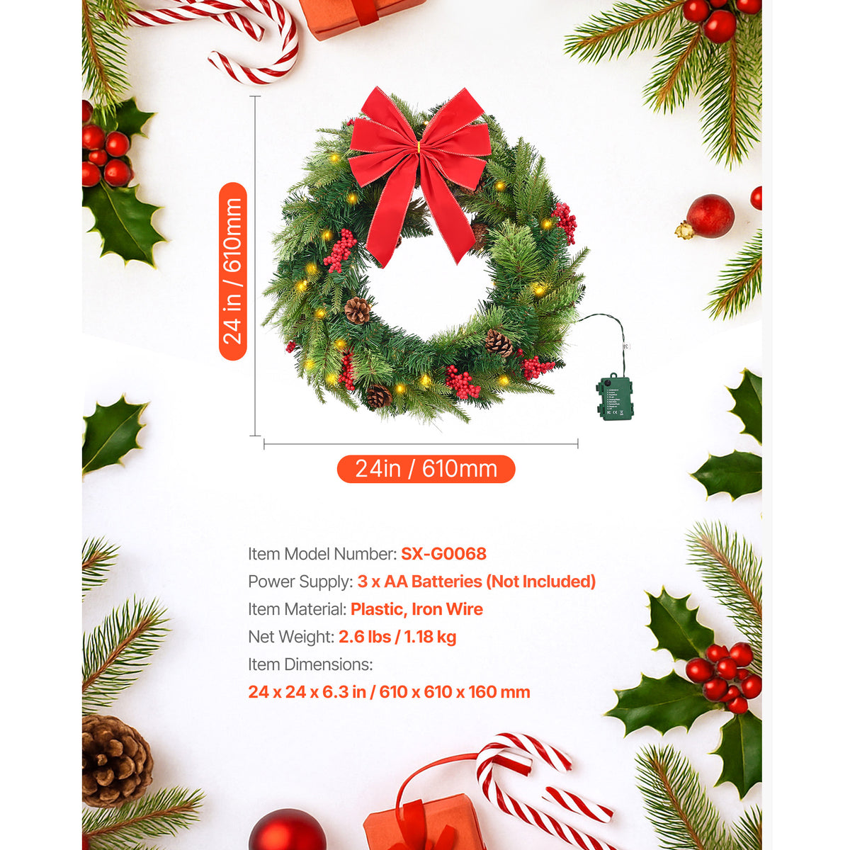 24-Inch Pre-Lit Artificial Christmas Wreath