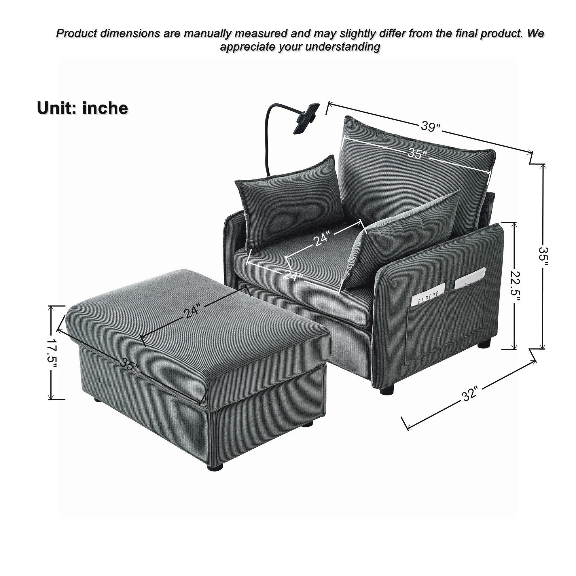 Comfy Corduroy Oversized Chaise Lounge Chair with Ottoman and Storage