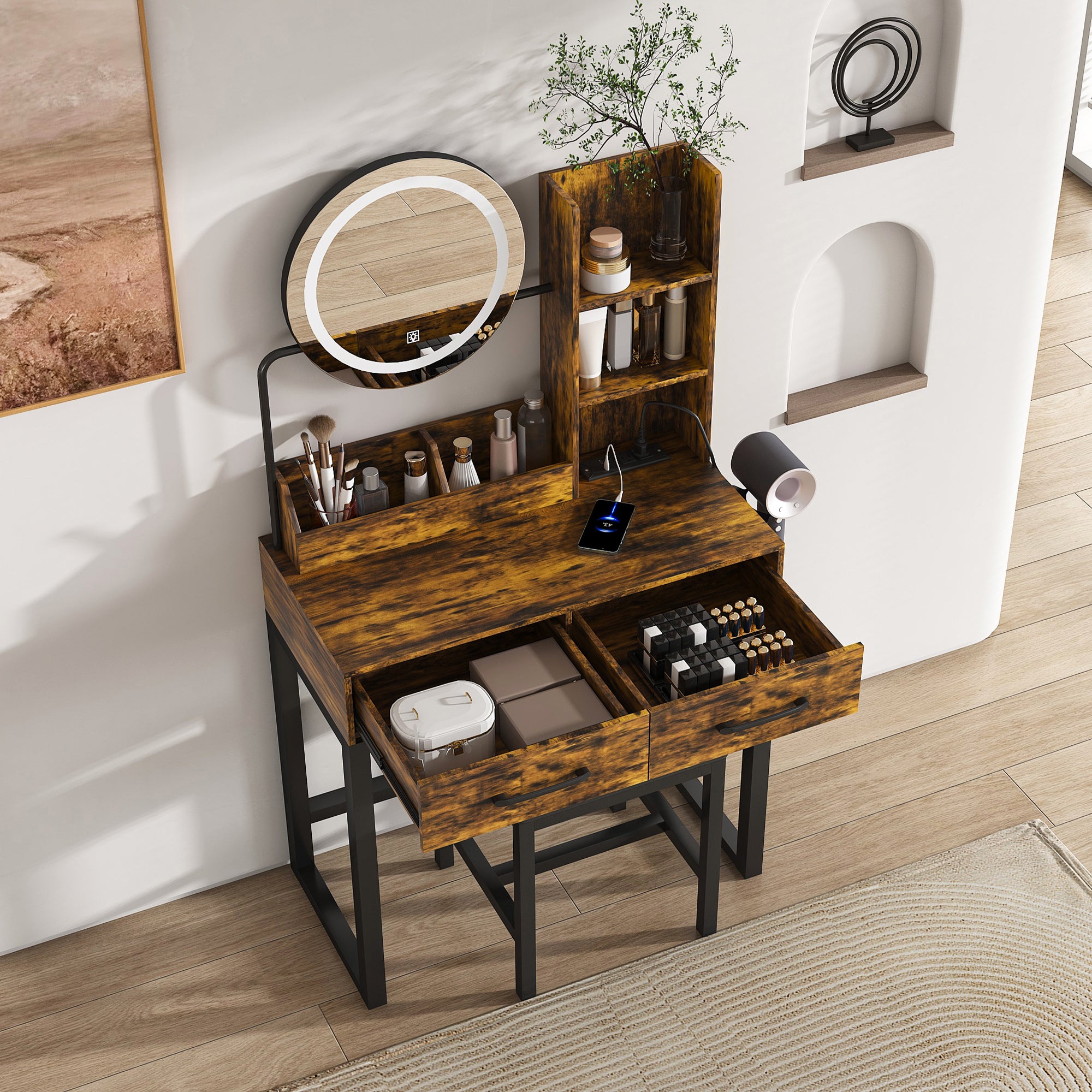 Makeup Vanity with LED Lights & Power Outlet