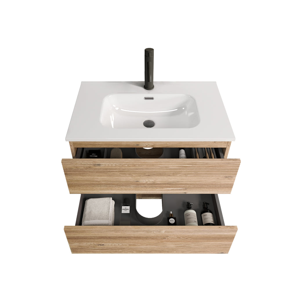 Gloria 30" Wall-Mounted Bathroom Vanity, Rough Oak with Integrated Ceramic Sink