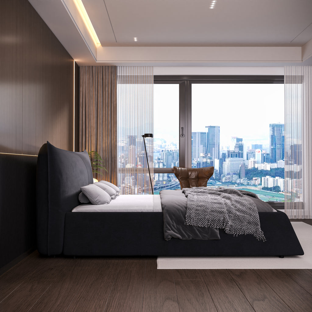 King Size Upholstered Platform Bed with Special Shaped Velvet Headboard