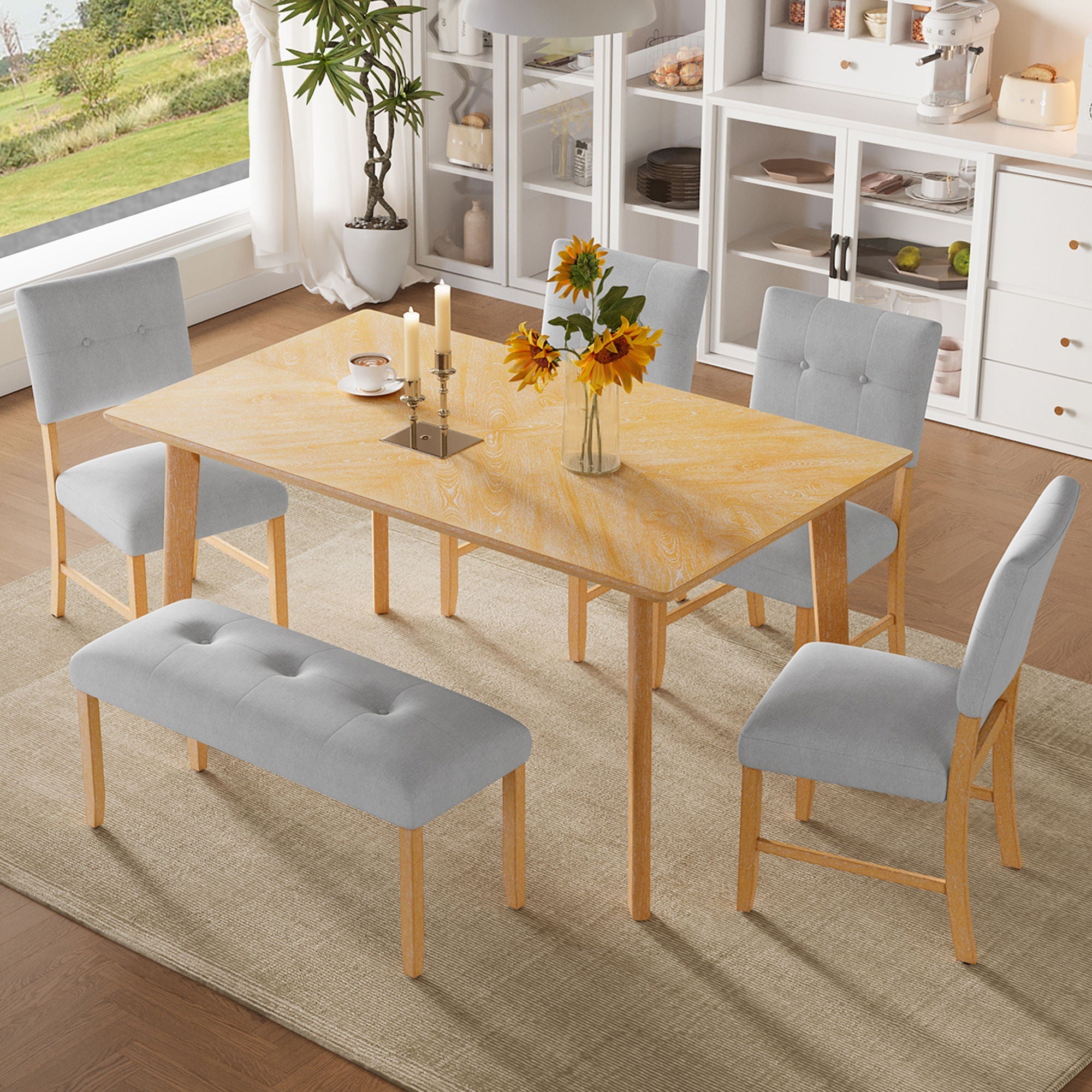 Rustic Farmhouse Dining Room Rectangular Table With 4 Upholstered Chairs And Bench