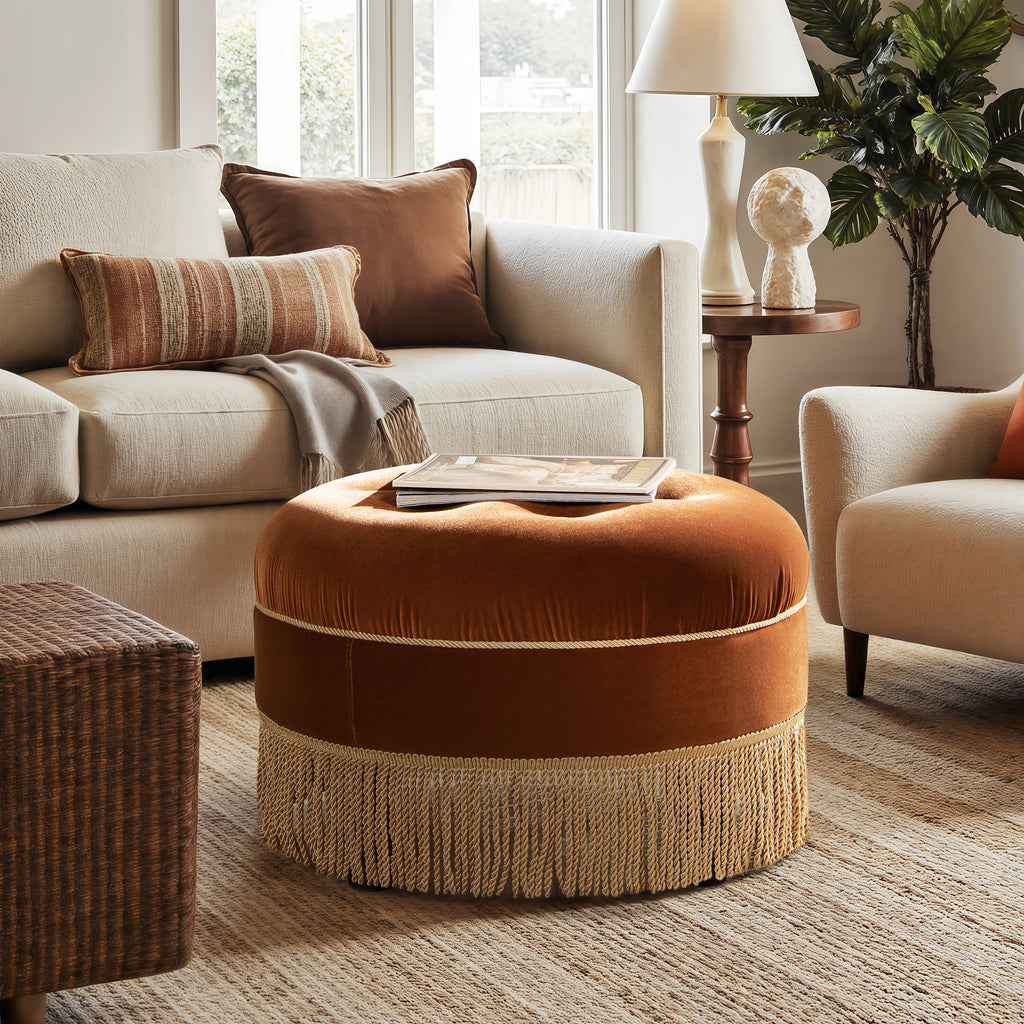 Yolanda 24" Round Upholstered Accent Ottoman - Burnt
