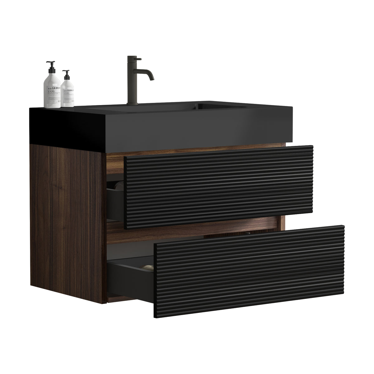 Grace 30-Inch Wall-Mounted Bathroom Vanity, Black and Walnut with Solid Surface Sink