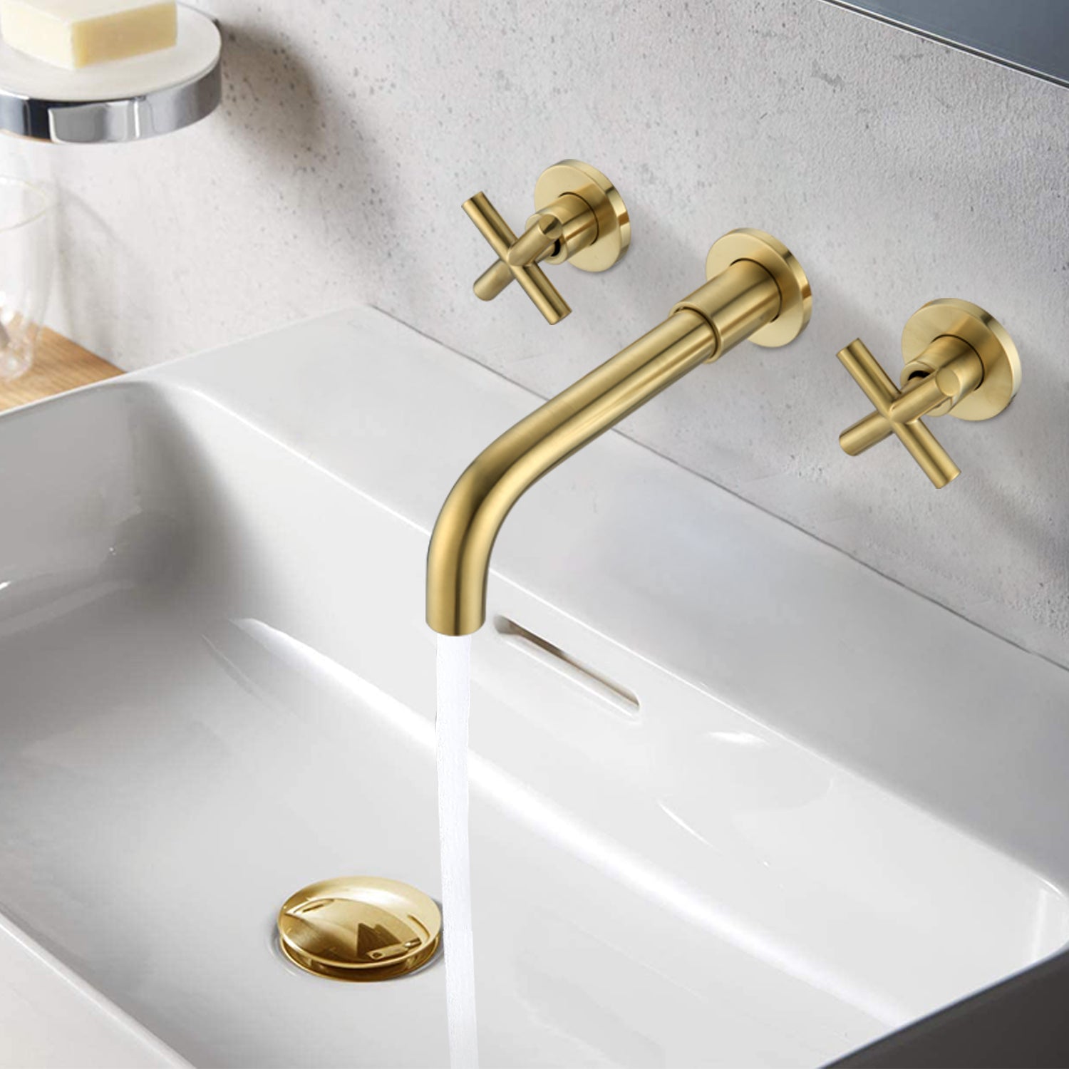 Wall Mounted Dual Handle Bathroom Sink Faucet with Pop-Up Drain
