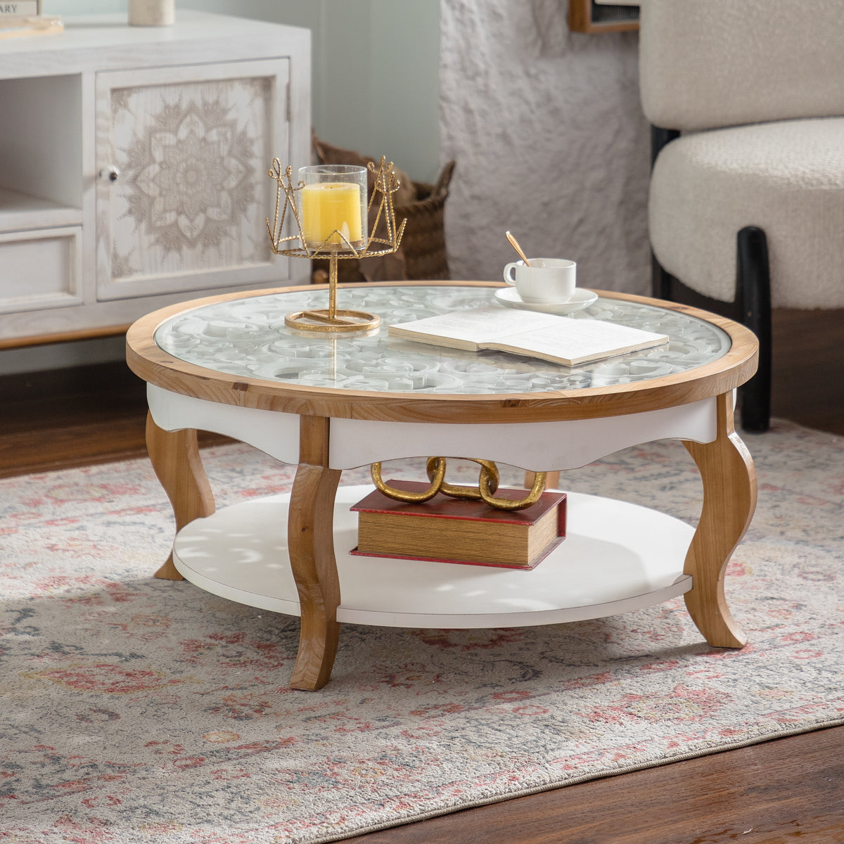 31.5-Inch Round Coffee Table with Open Storage, Solid Wood, Farmhouse Style, Antique White