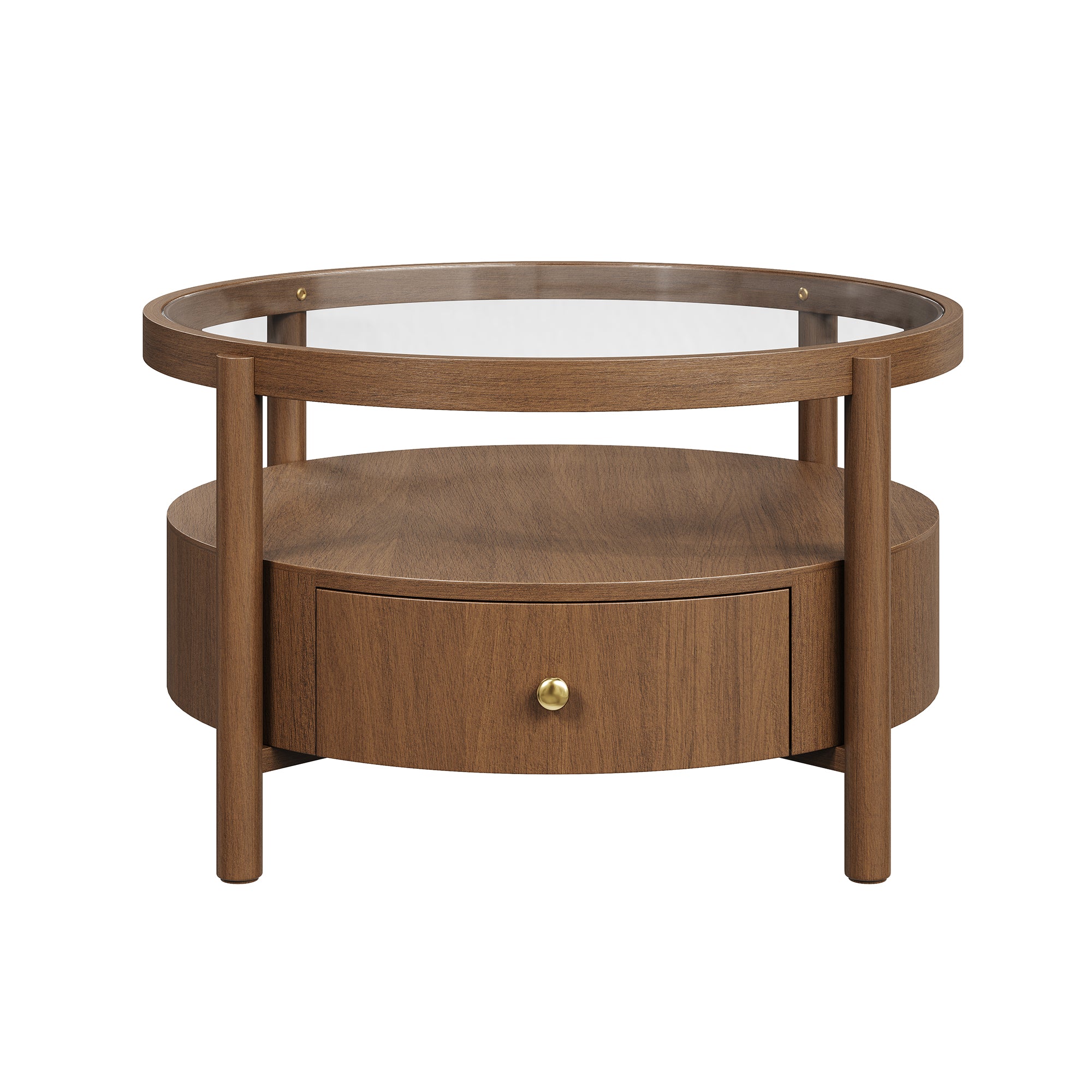 Solid Wood Round Glass Top Coffee Table with Storage Drawer