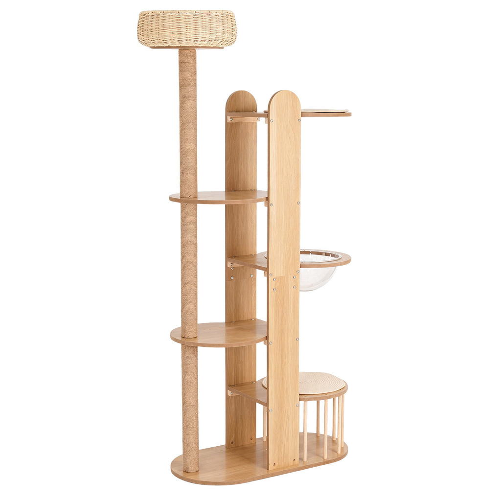 Multi-Level Wood Cat Tree Tower, 70.8" Tall Cat Activity Tree with Sisal Scratching Post, Space Capsule, Woven Top Bed & Fenced Cat House, Modern Indoor Cat Climbing Furniture