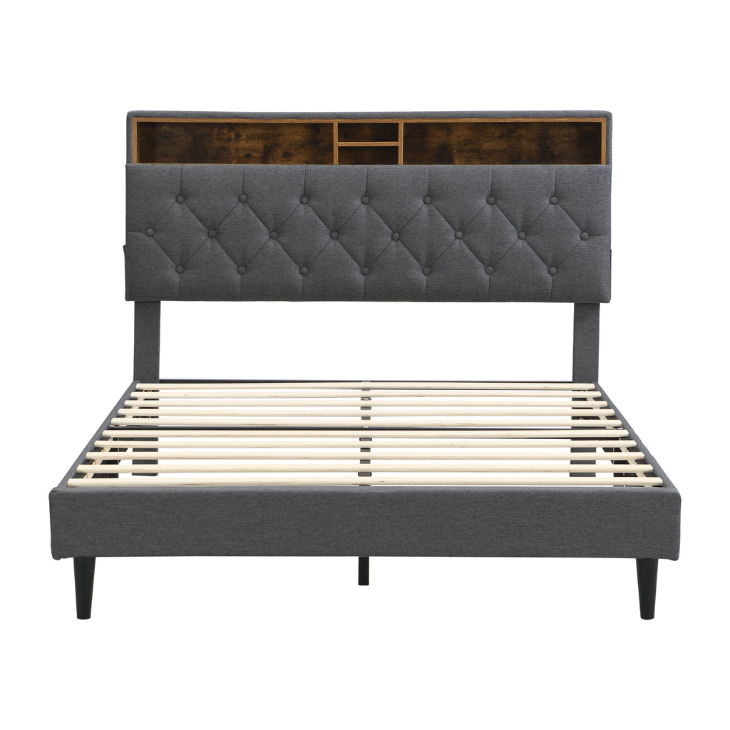 King-Size Upholstered Platform Bed Frame with Modern Button-Tufted