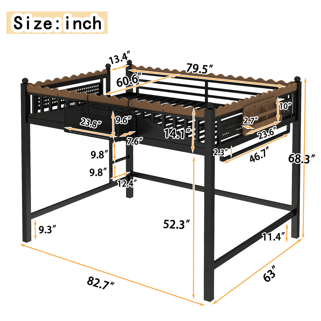 Queen Size Loft Bed With Ladders, Metal Loft Bed With Storage Shelves