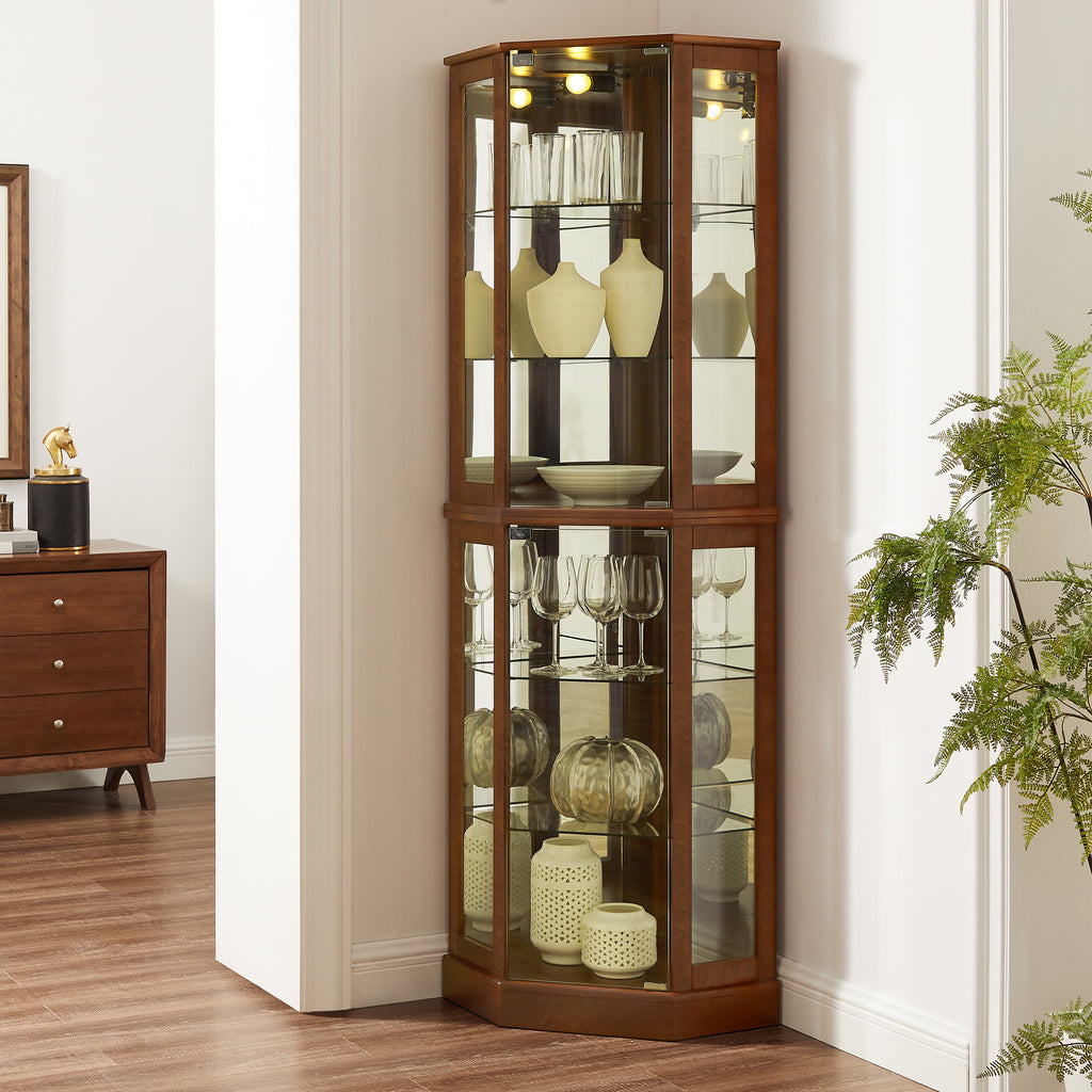 6 Shelf Corner Curio Display Cabinet With Lights, Mirrors, and Adjustable Shelves