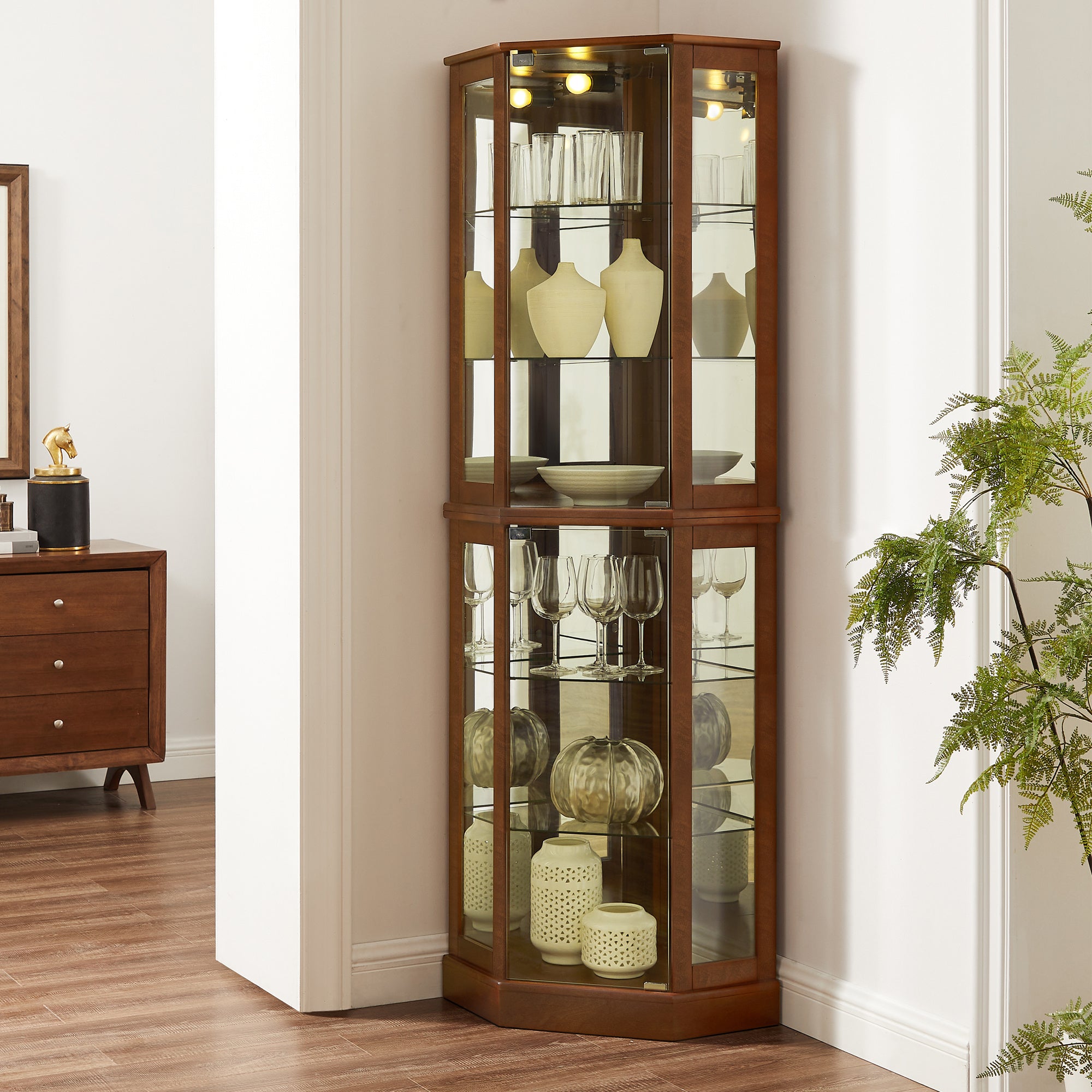 6 Shelf Corner Curio Display Cabinet With Lights, Mirrors, and Adjustable Shelves