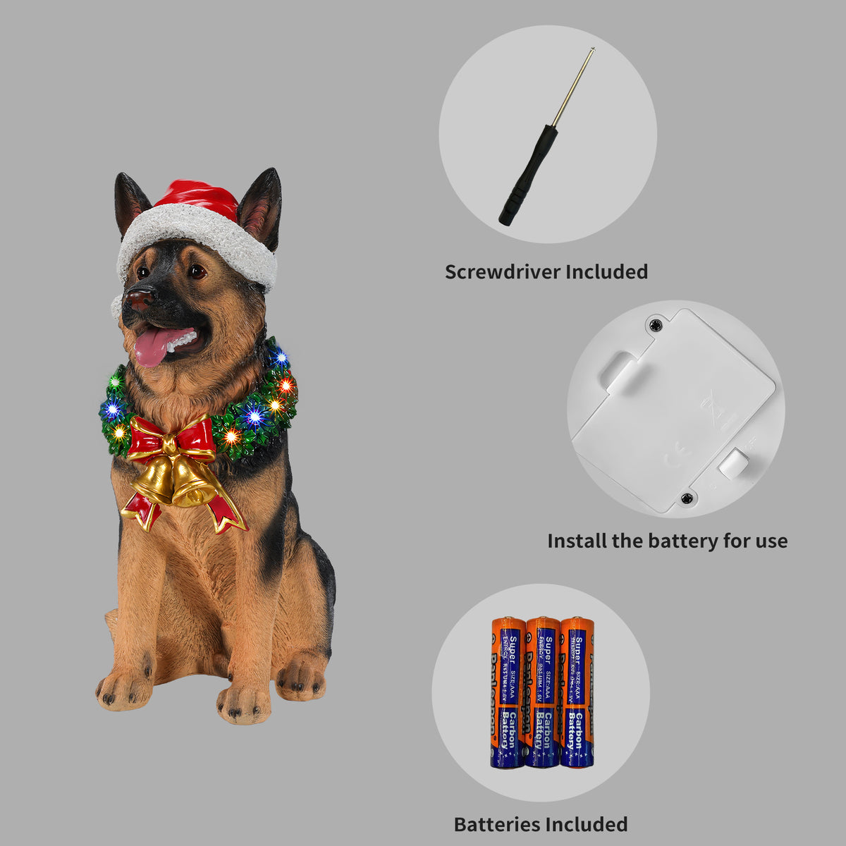 Lighted Christmas German Shepherd Dog Statue, Santa Hat Puppy Figurine, 20.87-Inch, Black and Brown