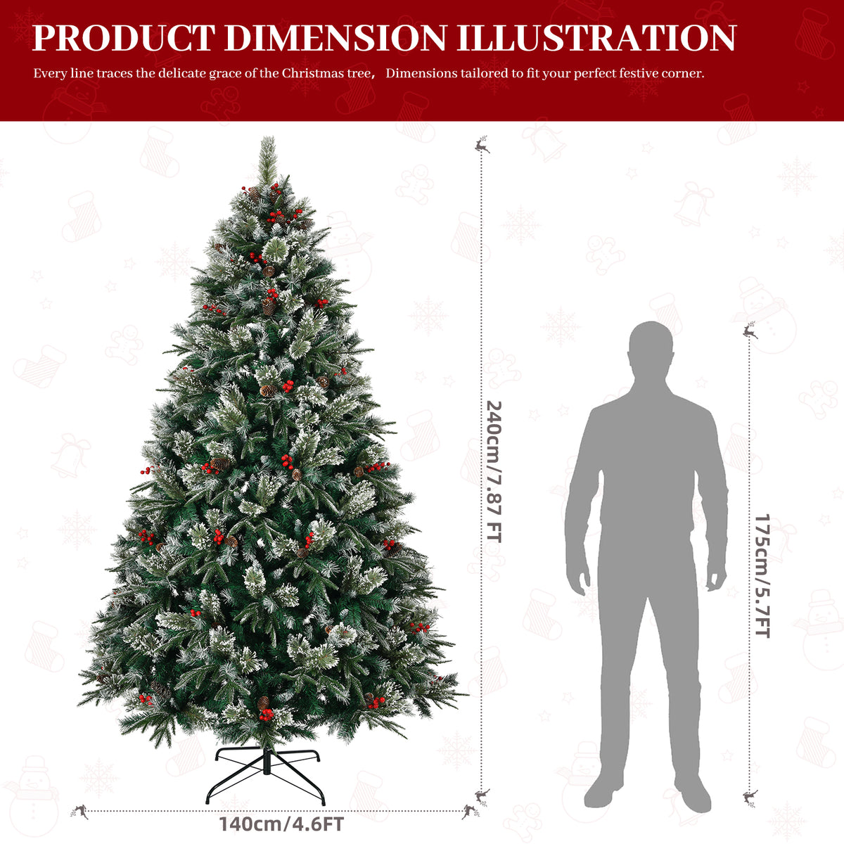 8-Foot Artificial Christmas Tree with Pinecones and Berries, Pre-Decorated, Green