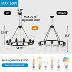 Black Wagon Wheel Chandelier - 34.5 Inch Modern Farmhouse