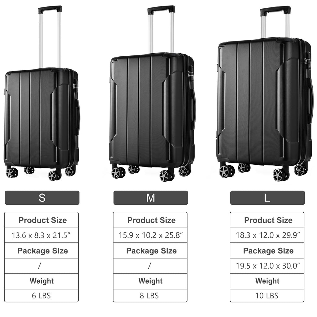3-Piece Expandable Hard Shell Luggage Set with TSA Lock, Black