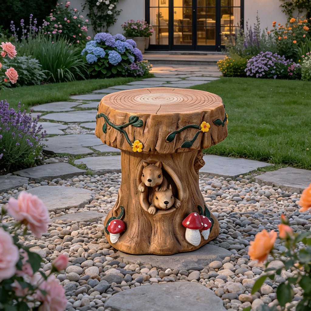 Squirrel Tree Stump Stool Garden Statue