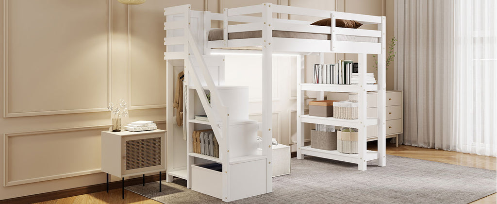 Twin Size Loft Bed with Shelves and Storage Staircase