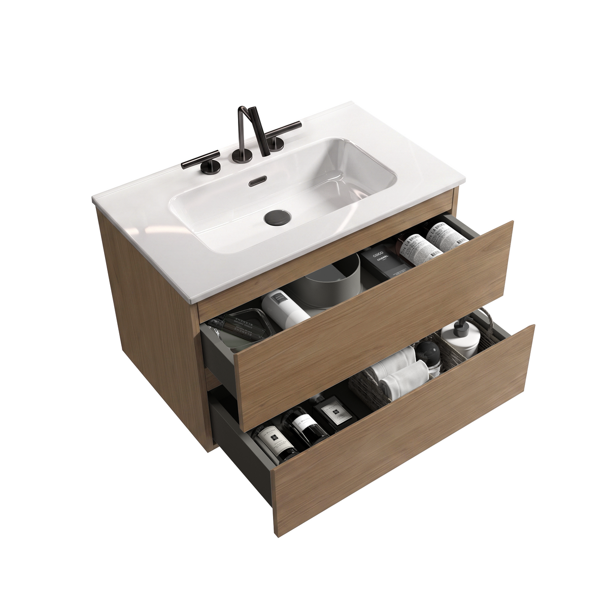 TIA Wall Mount 30" Walnut Brown Bathroom Vanity with Ceramic Sink