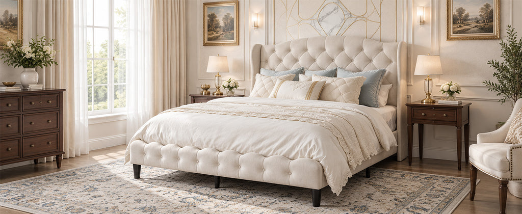 King Size Upholstered Platform Bed Frame with Velvet Tufted Headboard