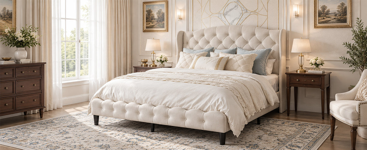 King Size Upholstered Platform Bed Frame with Velvet Tufted Headboard