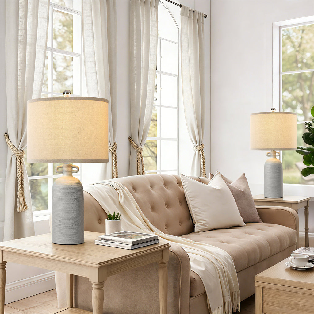 24-Inch Dimmable Ceramic Table Lamp Set with Linen Drum Shades, Gray