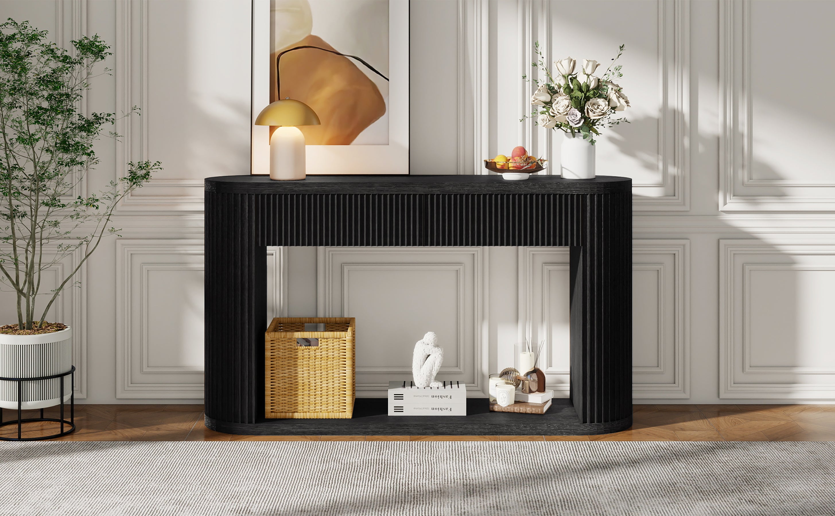 TREXM Oval Fluted Console Table with 2 Drawers and Bottom Shelf