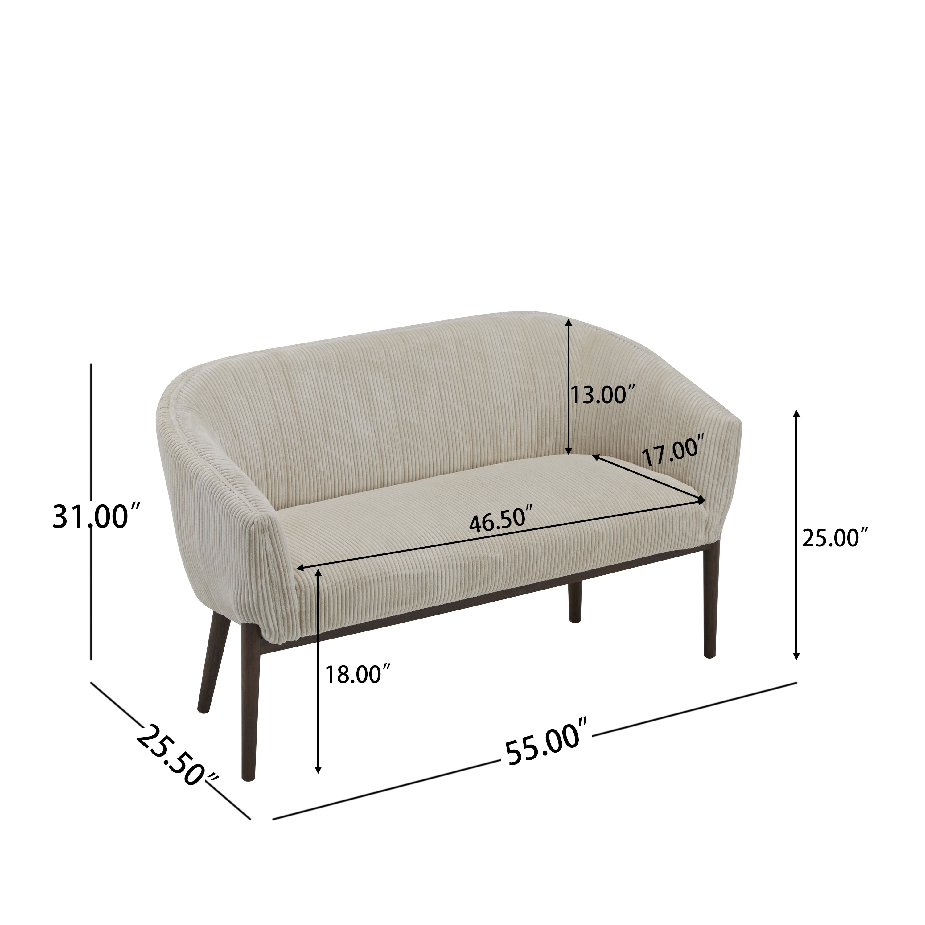 Corduroy Recessed Arm Loveseat (Beige + Walnut)