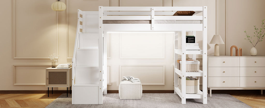 Twin Size Loft Bed with Shelves and Storage Staircase
