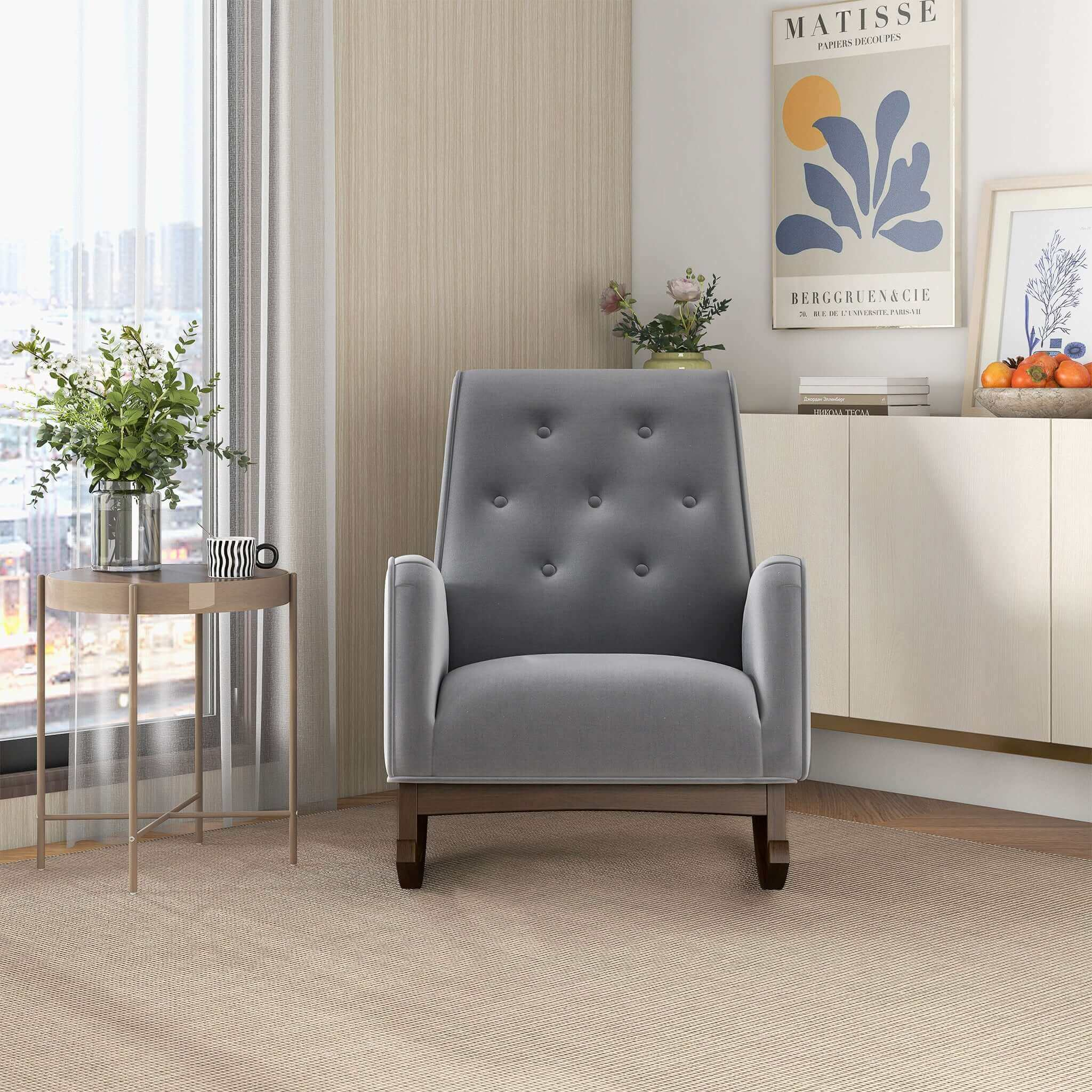 Premium Demetrius Light Grey Fabric Rocking Chair