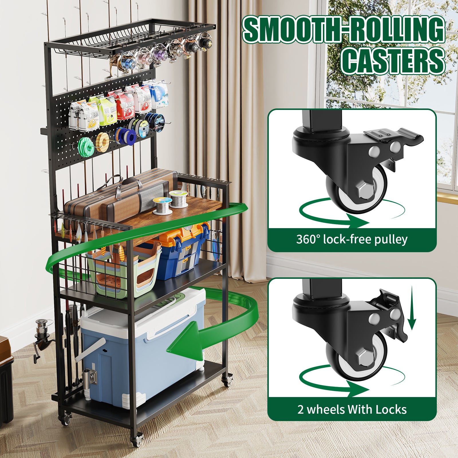 Fishing Rod Storage Rack with Pegboard and Lockable Wheels