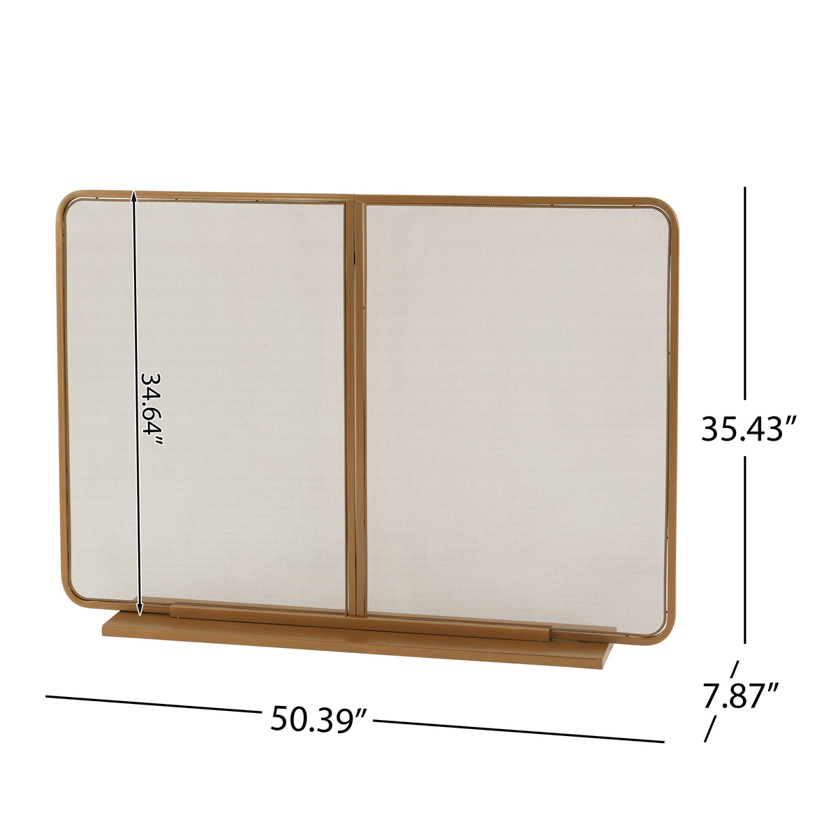 Gold Two‑Panel Freestanding Fireplace Screen, 50" W × 35" H Iron Mesh Fire Spark Barrier for Home Indoor Fireplace