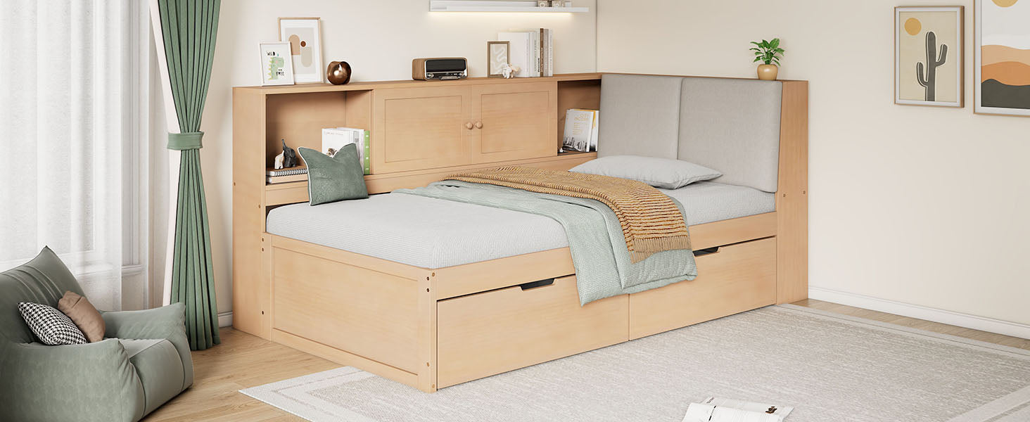 Wooden Twin Size L-shaped Daybed with Storage Bookcase