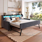 Twin Size Daybed with Trundle, Upholstery Daybed with LED Light & Charging Station