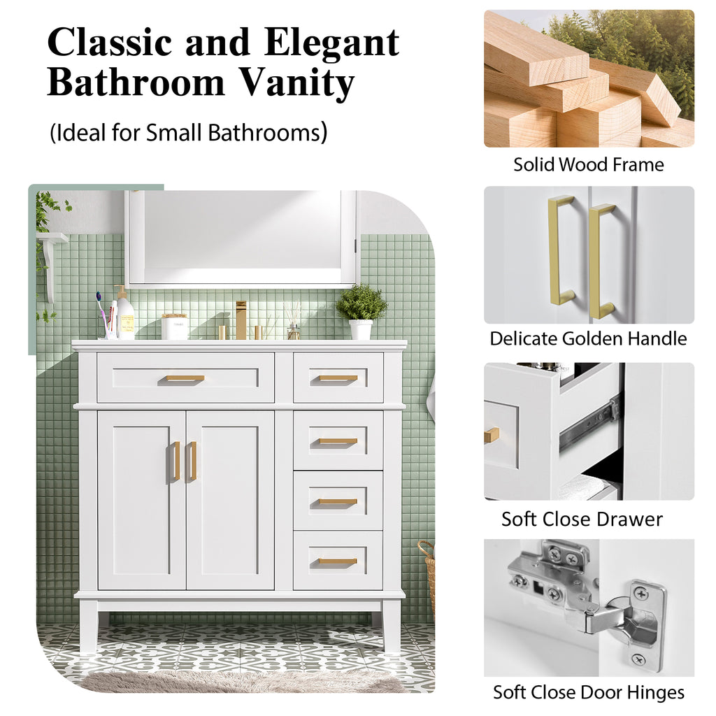 36-Inch White Modern Bathroom Vanity with Ceramic Sink