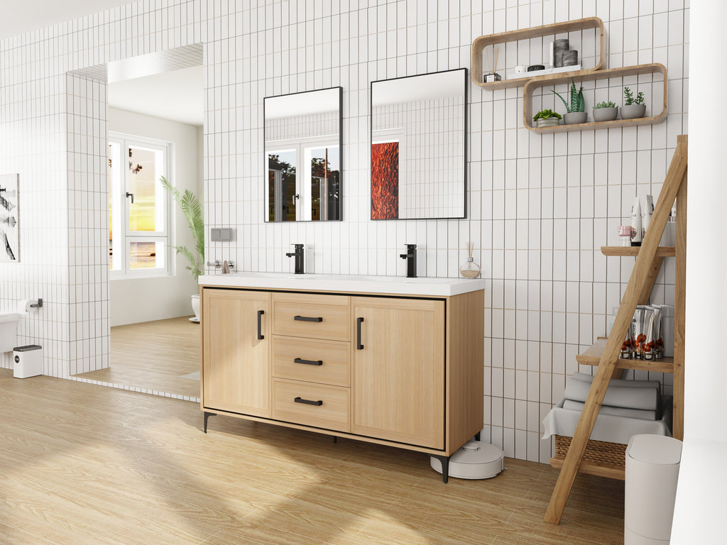 60" Freestanding Bathroom Vanity with Double Resin Sink
