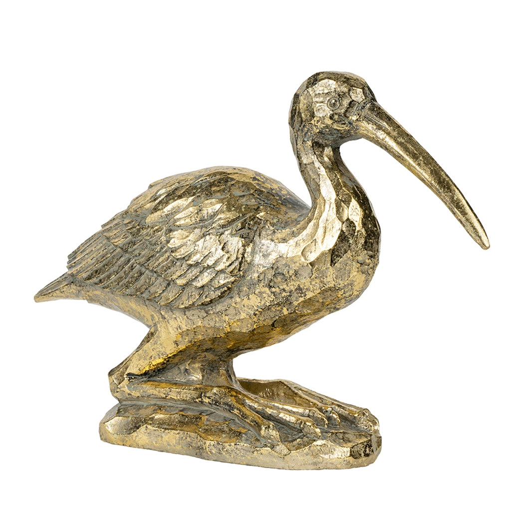 Kneeling Crane Figurine, 7.1 x 10.4 inches, Antique Gold Resin