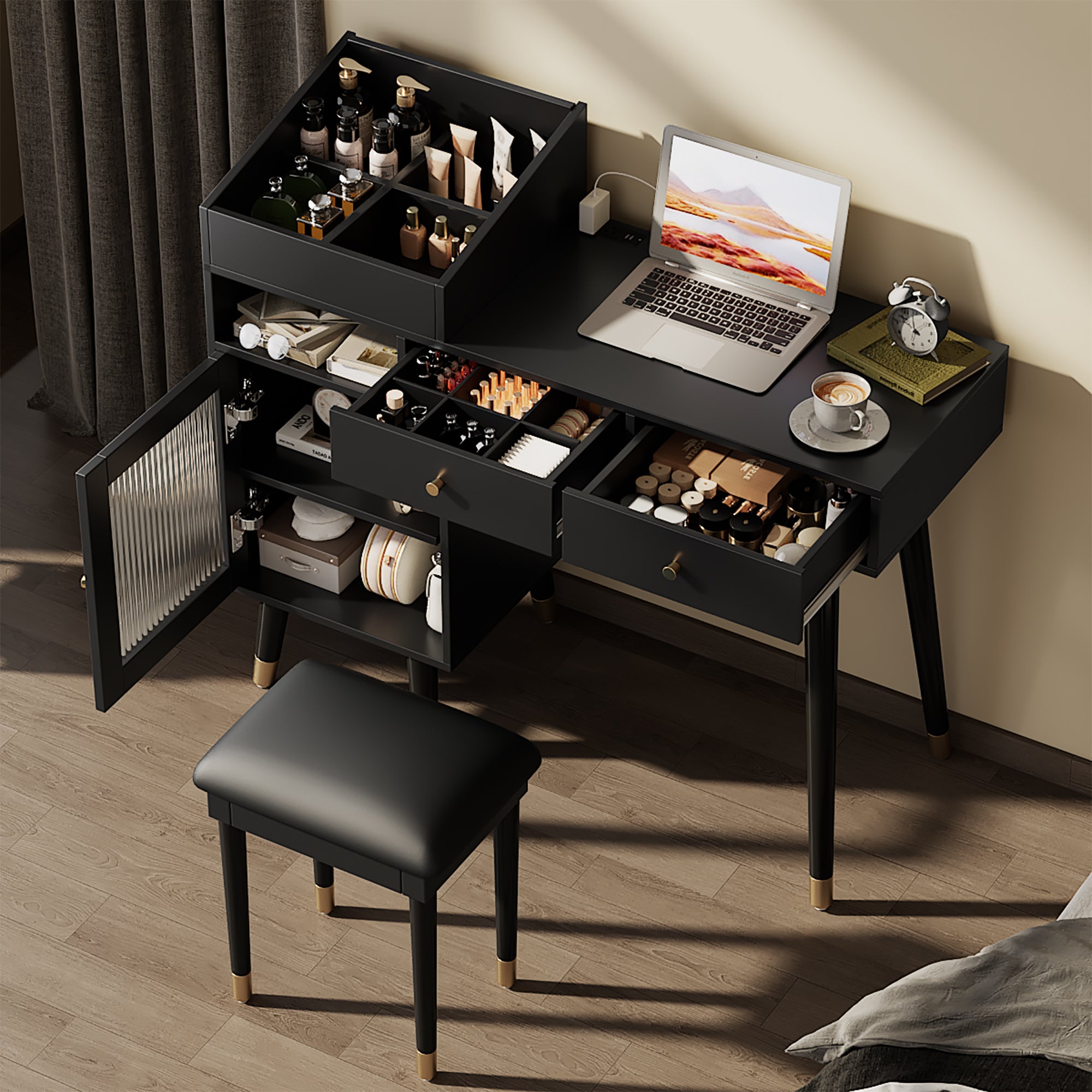Modern Makeup Vanity Desk with Drawers, Cabinet & Charging Port