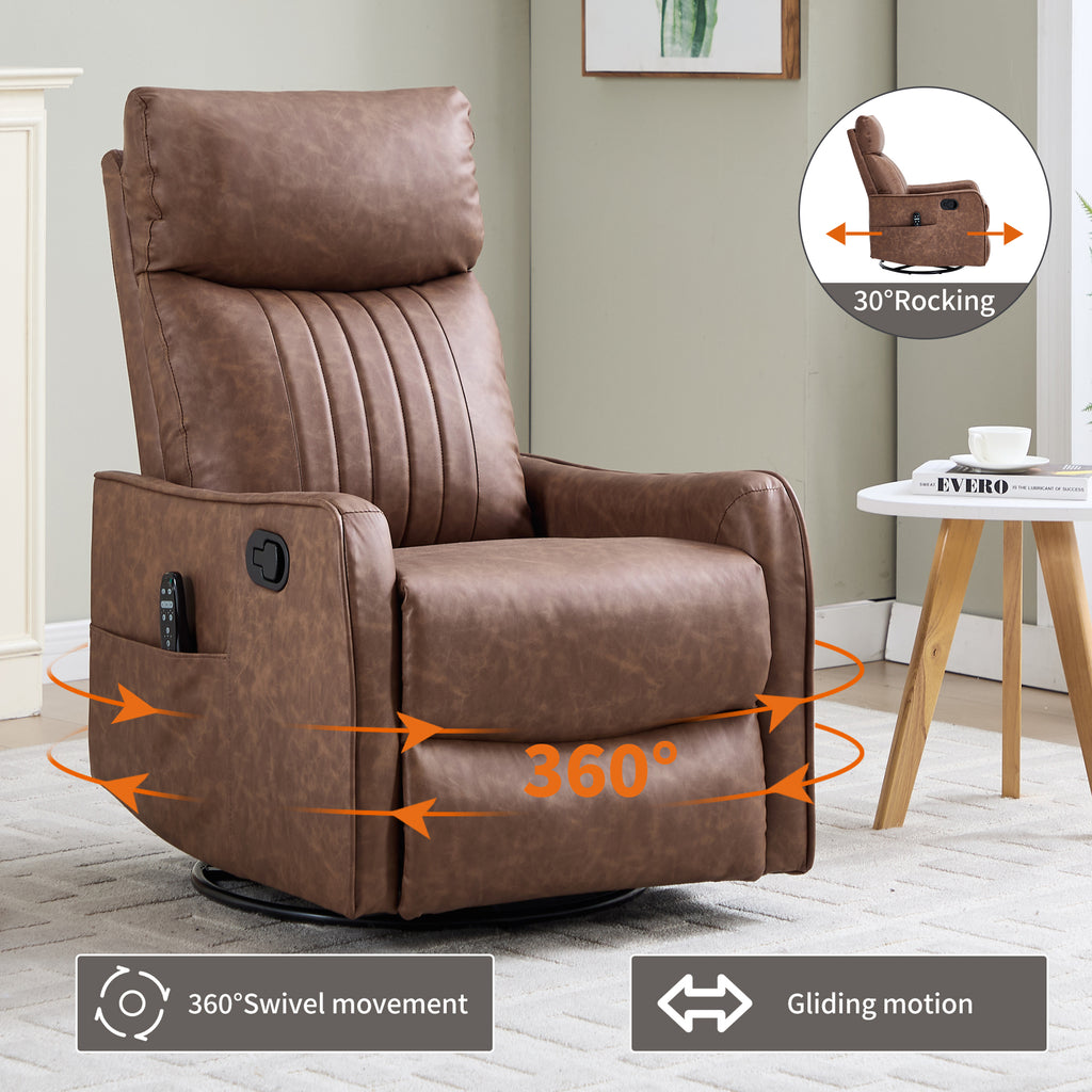 Brown Heat Massage Manual Recliner Chair with Rocker and Swivel