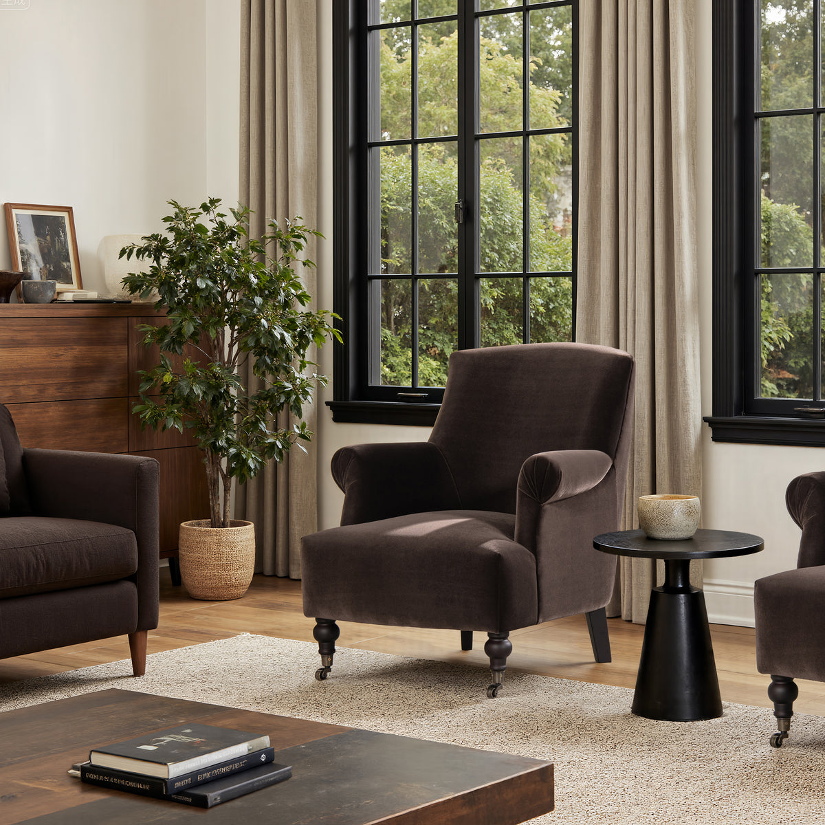 Eloise 30-Inch Pleated Sock Arm Accent Armchair, Deep Brown Velvet