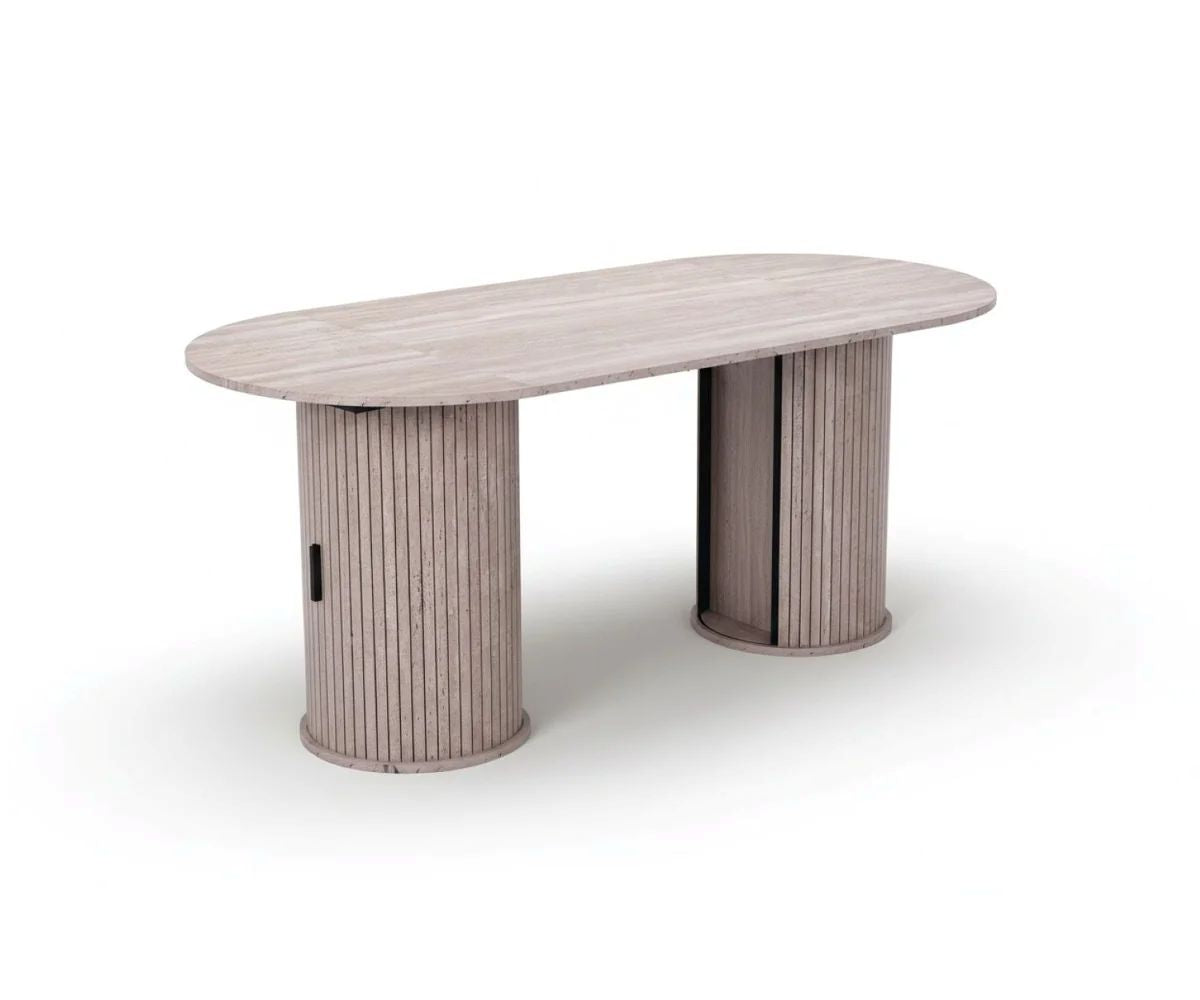 71" Oval Dining Table for 8, Modern Fluted Pedestal Dining Room Table with Sliding Door Storage Cabinet
