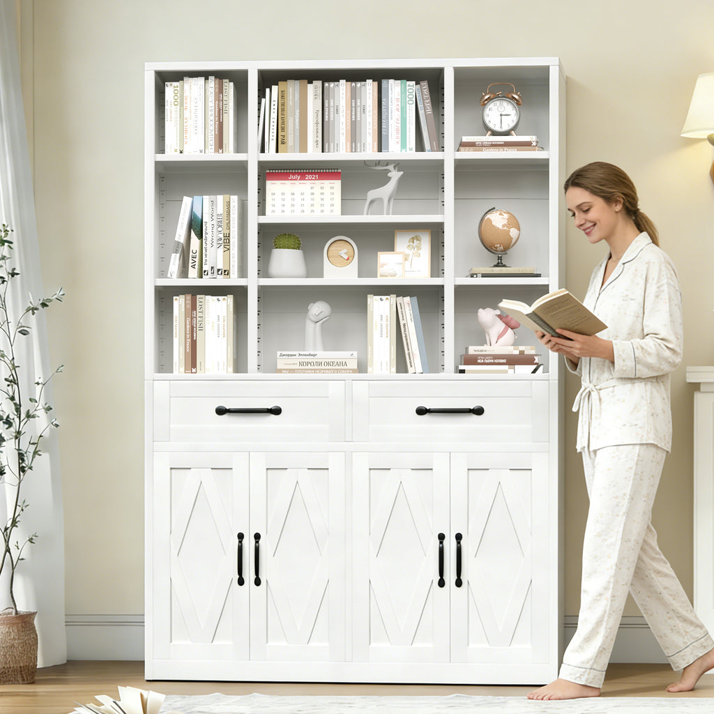 71" Tall Bookcase with Doors, Drawers & Adjustable Open Shelves